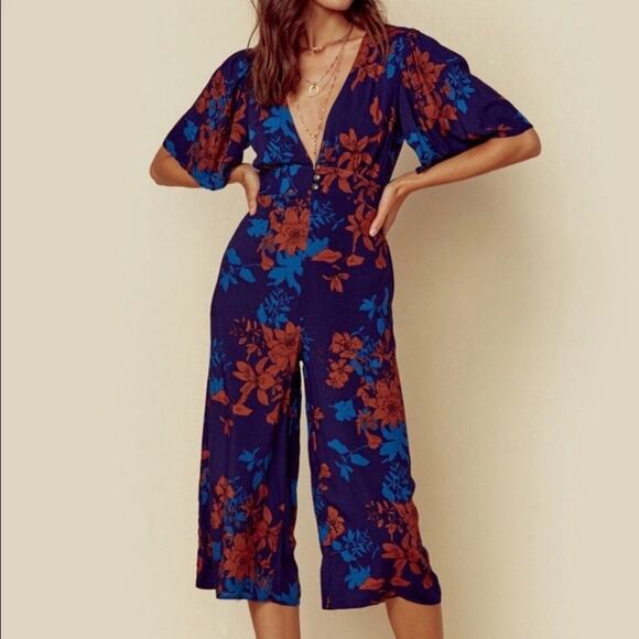 Sage the Label Blue Floral Crop Jumpsuit Culottes - Picture 1 of 7